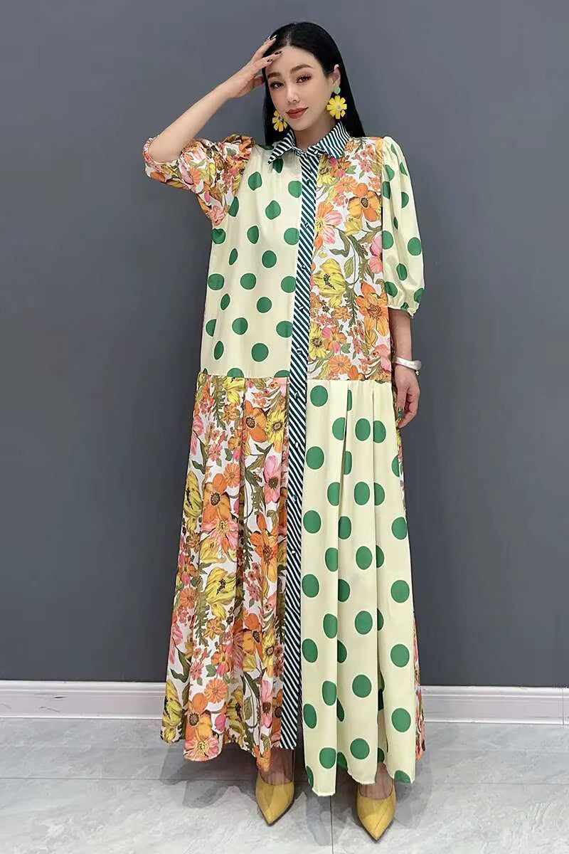 Casual Color Block Printing Lantern Sleeves Loose Maxi Dress