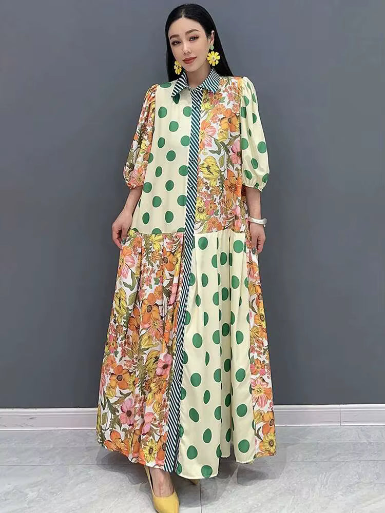 Casual Color Block Printing Lantern Sleeves Loose Maxi Dress
