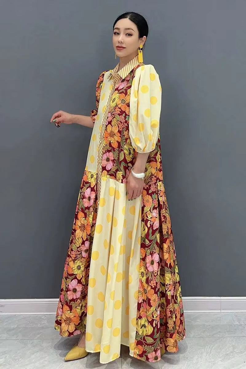 Casual Color Block Printing Lantern Sleeves Loose Maxi Dress