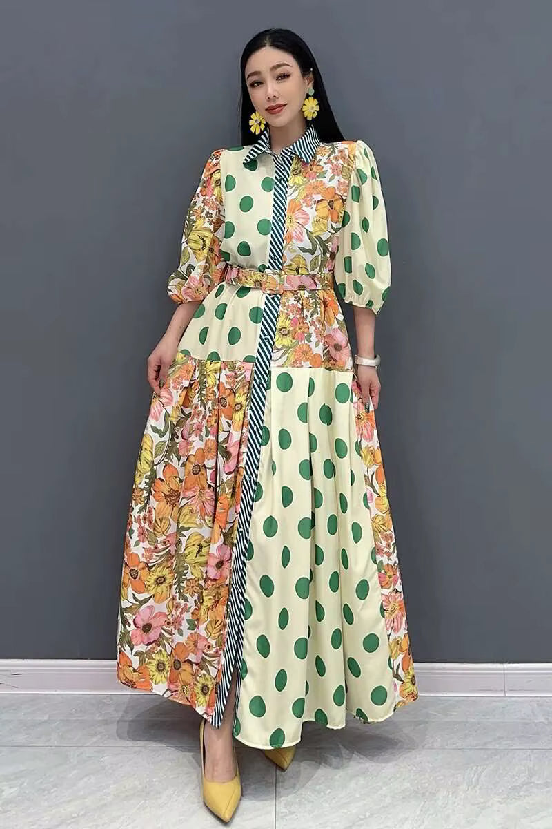 Casual Color Block Printing Lantern Sleeves Loose Maxi Dress