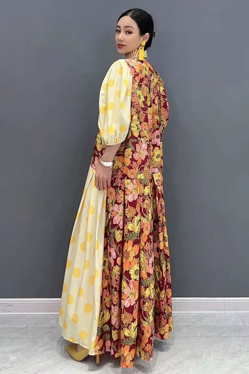 Casual Color Block Printing Lantern Sleeves Loose Maxi Dress