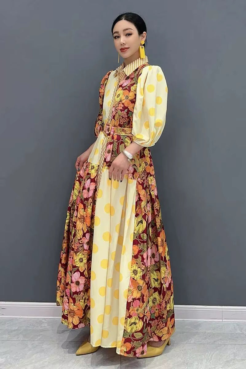 Casual Color Block Printing Lantern Sleeves Loose Maxi Dress