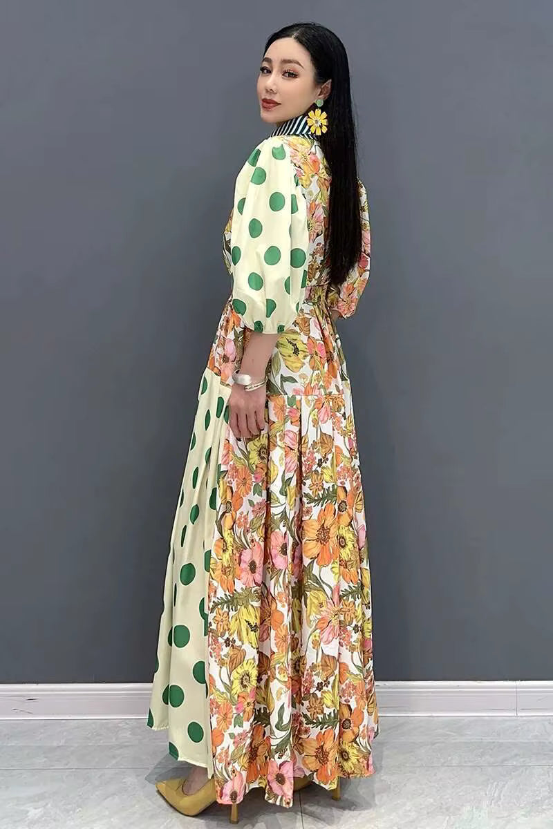 Casual Color Block Printing Lantern Sleeves Loose Maxi Dress