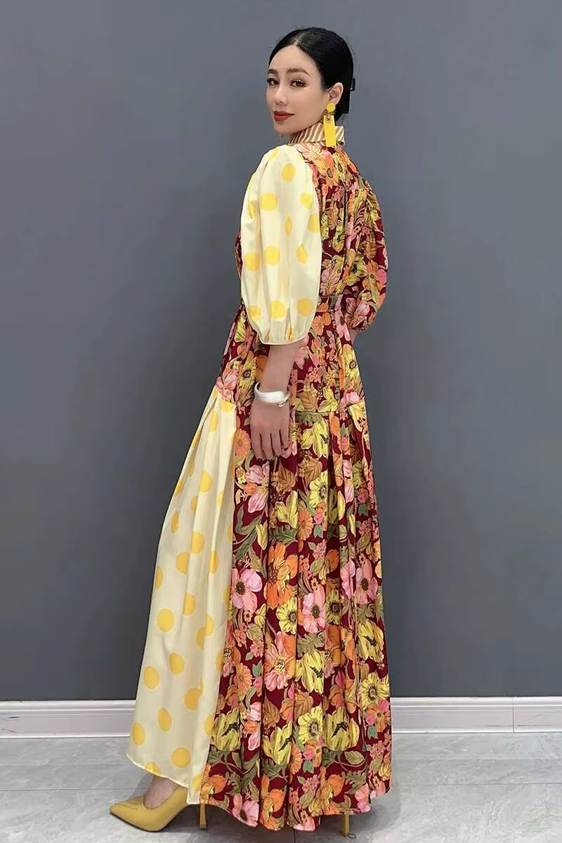 Casual Color Block Printing Lantern Sleeves Loose Maxi Dress