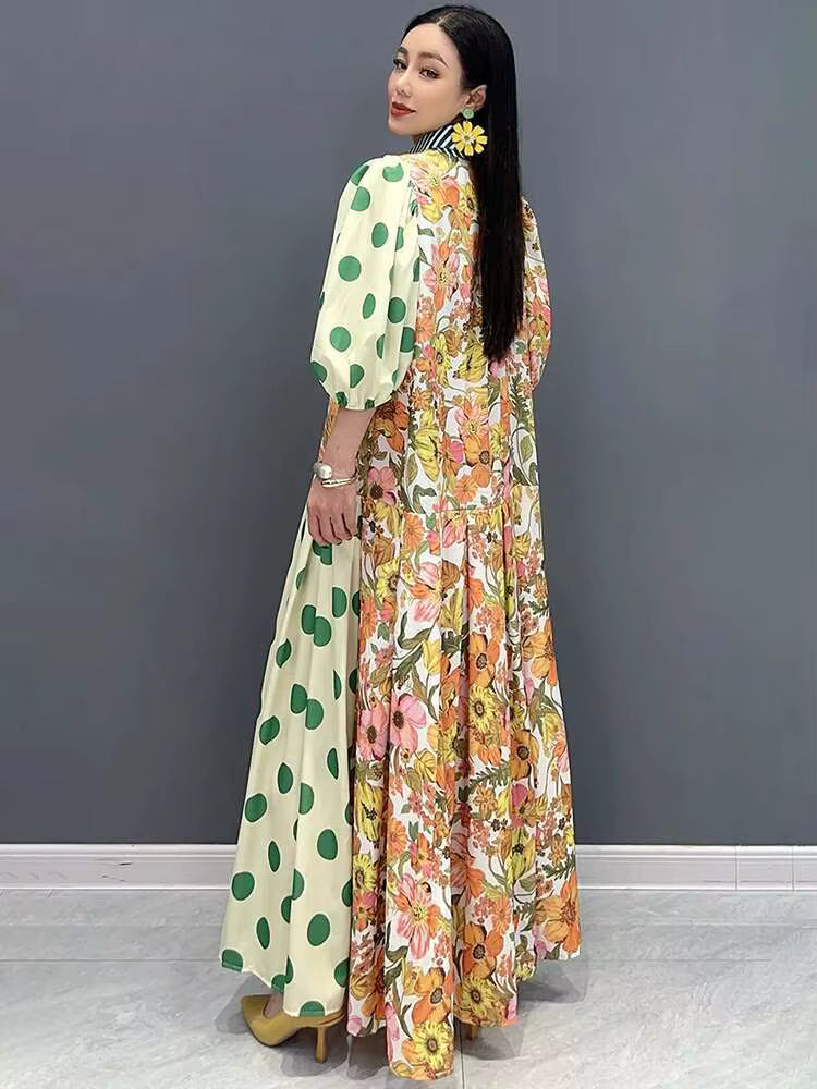 Casual Color Block Printing Lantern Sleeves Loose Maxi Dress