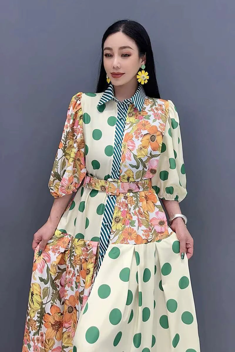 Casual Color Block Printing Lantern Sleeves Loose Maxi Dress
