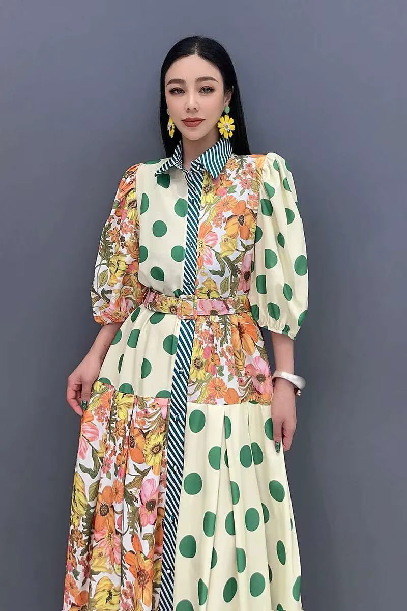 Casual Color Block Printing Lantern Sleeves Loose Maxi Dress