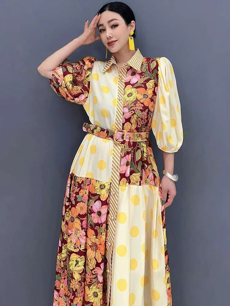 Casual Color Block Printing Lantern Sleeves Loose Maxi Dress