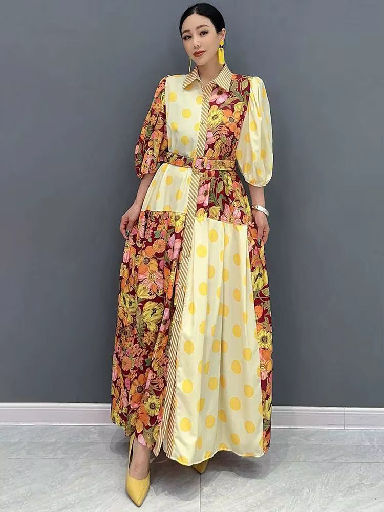 Casual Color Block Printing Lantern Sleeves Loose Maxi Dress
