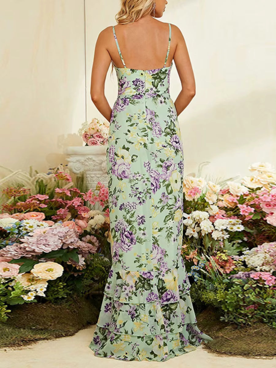 Casual Color Block Square Collar Sleeveless High Waist Bodycon Patchwork Ruffles Maxi Dress