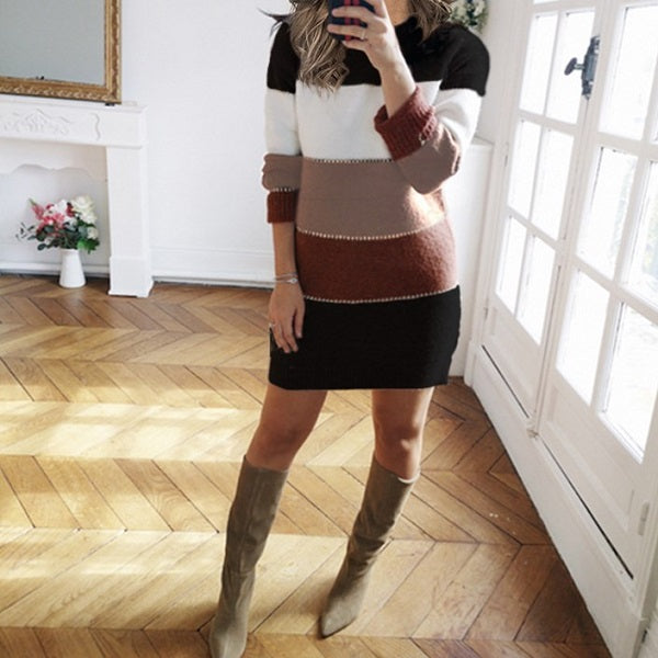 Casual Color Blocking Knitted Long Sleeve Dress