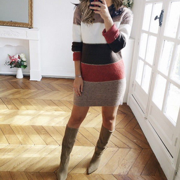 Casual Color Blocking Knitted Long Sleeve Dress