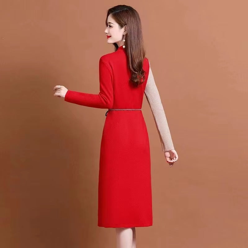 Casual Comfort Soft Wool Knit Belt Slim Classy Midi Dress