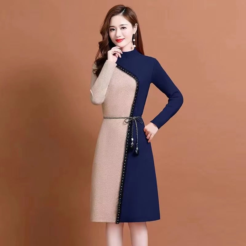 Casual Comfort Soft Wool Knit Belt Slim Classy Midi Dress