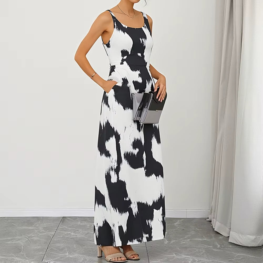 Casual Contrast Color Sleeveless Square Neck Ankle-Length Maxi Dress