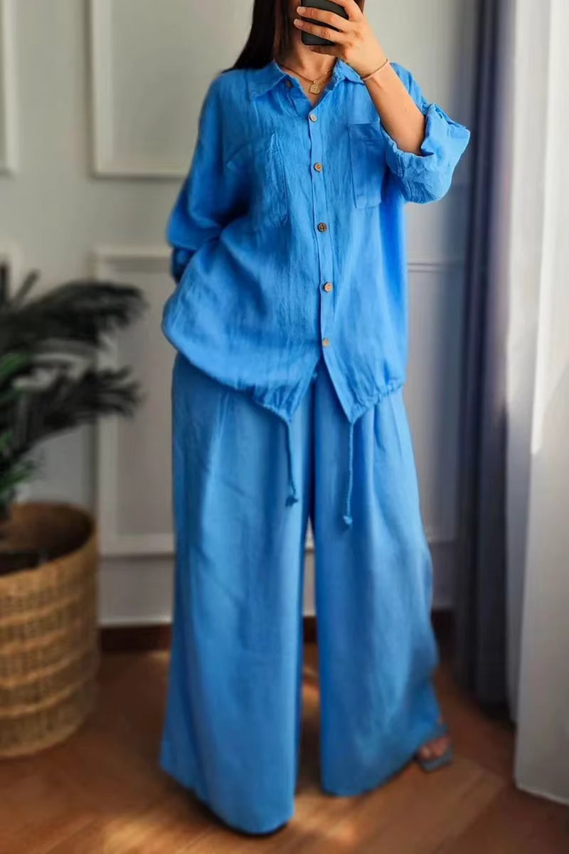 Casual Cotton And Hemp Commuting Style Loose Collar Top Wide Leg Pants Two Piece Set