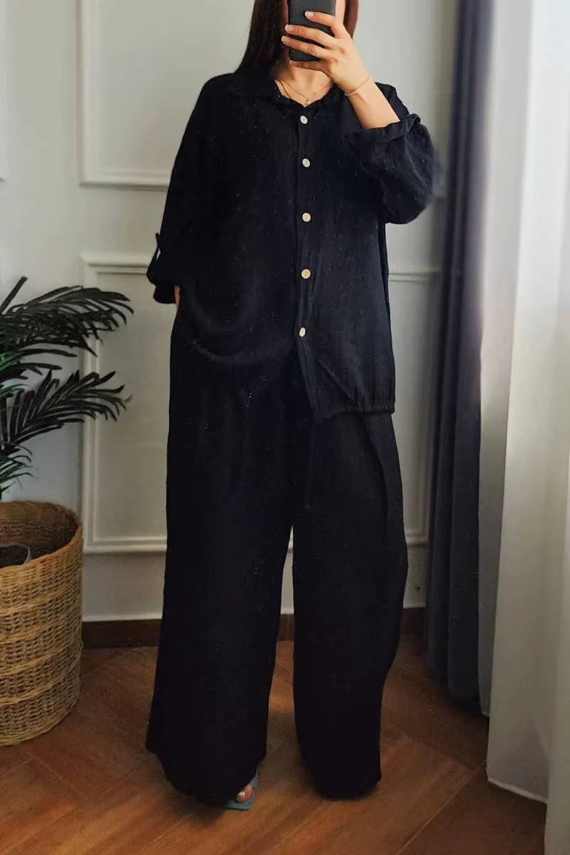 Casual Cotton And Hemp Commuting Style Loose Collar Top Wide Leg Pants Two Piece Set