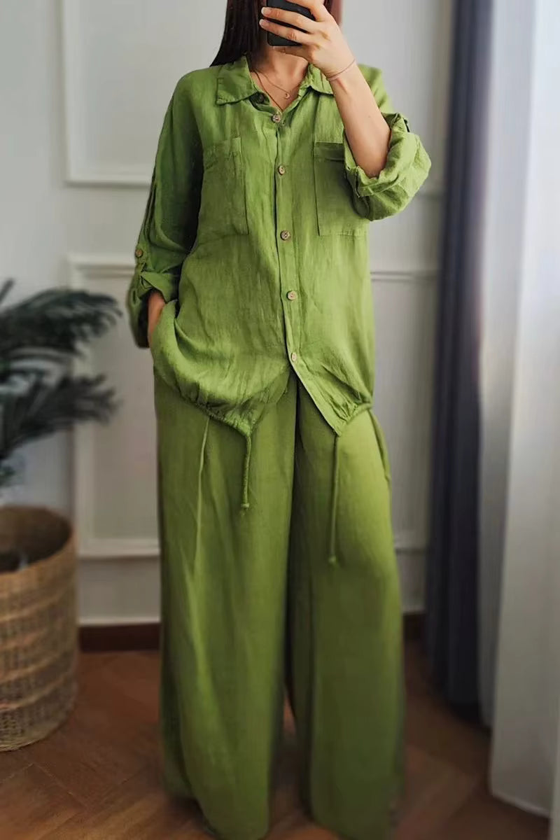 Casual Cotton And Hemp Commuting Style Loose Collar Top Wide Leg Pants Two Piece Set