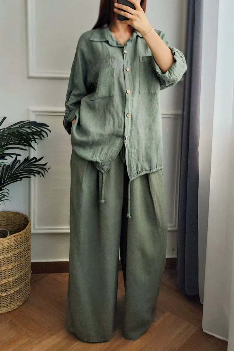 Casual Cotton And Hemp Commuting Style Loose Collar Top Wide Leg Pants Two Piece Set
