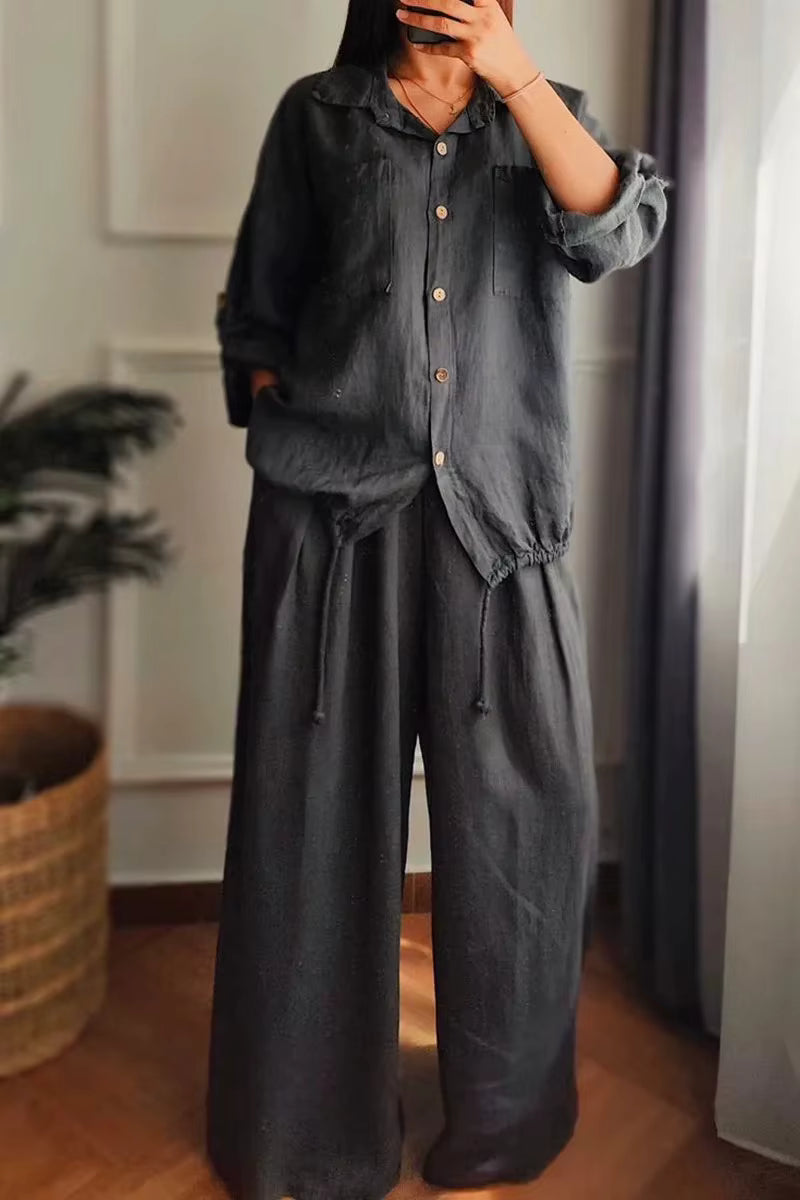 Casual Cotton And Hemp Commuting Style Loose Collar Top Wide Leg Pants Two Piece Set