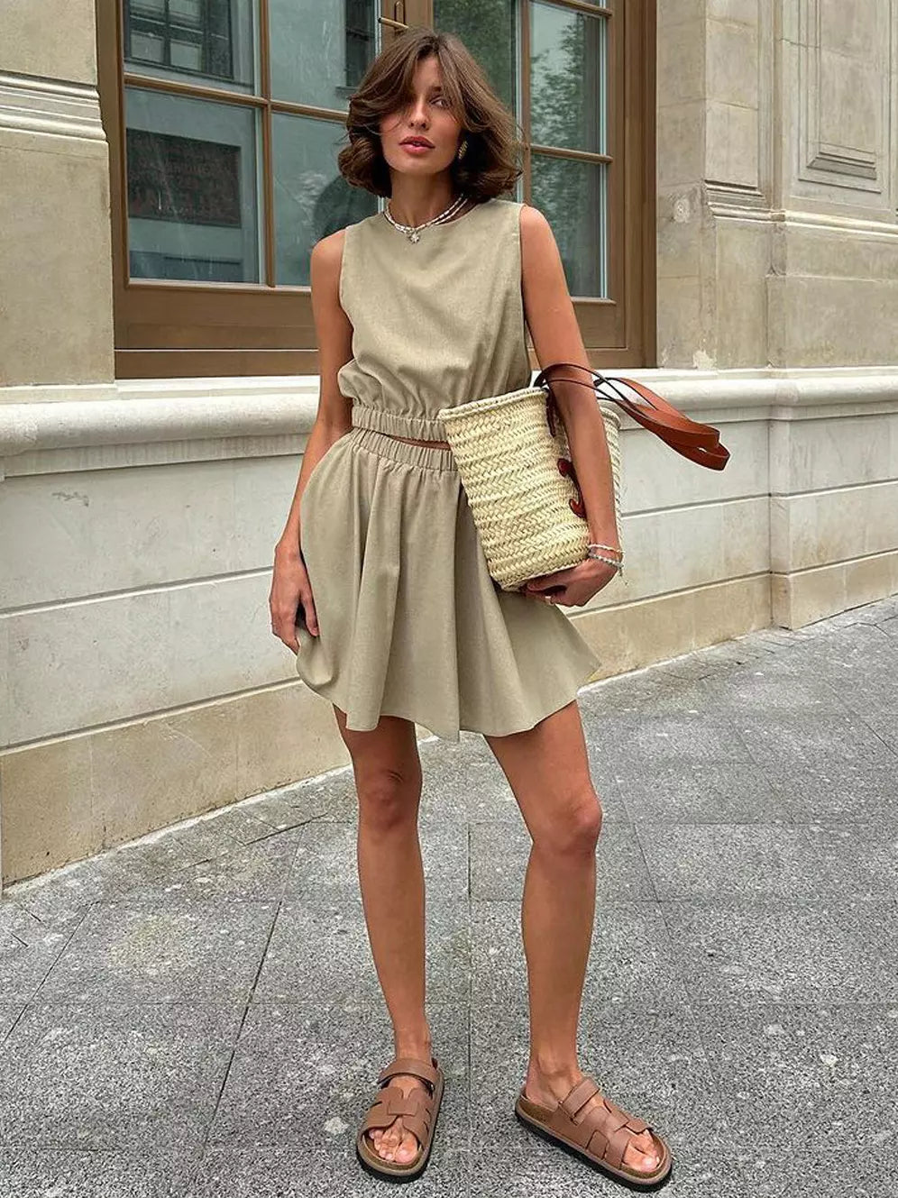 Casual Cotton And Linen Sleeveless Crop Top And Mini Skirt 2 Piece