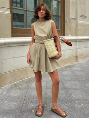 Casual Cotton And Linen Sleeveless Crop Top And Mini Skirt 2 Piece