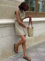 Casual Cotton And Linen Sleeveless Crop Top And Mini Skirt 2 Piece