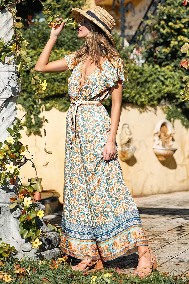 Casual Cotton Deep V-Neck Ankle-length Wide Legs Pants Long Jumpsuit