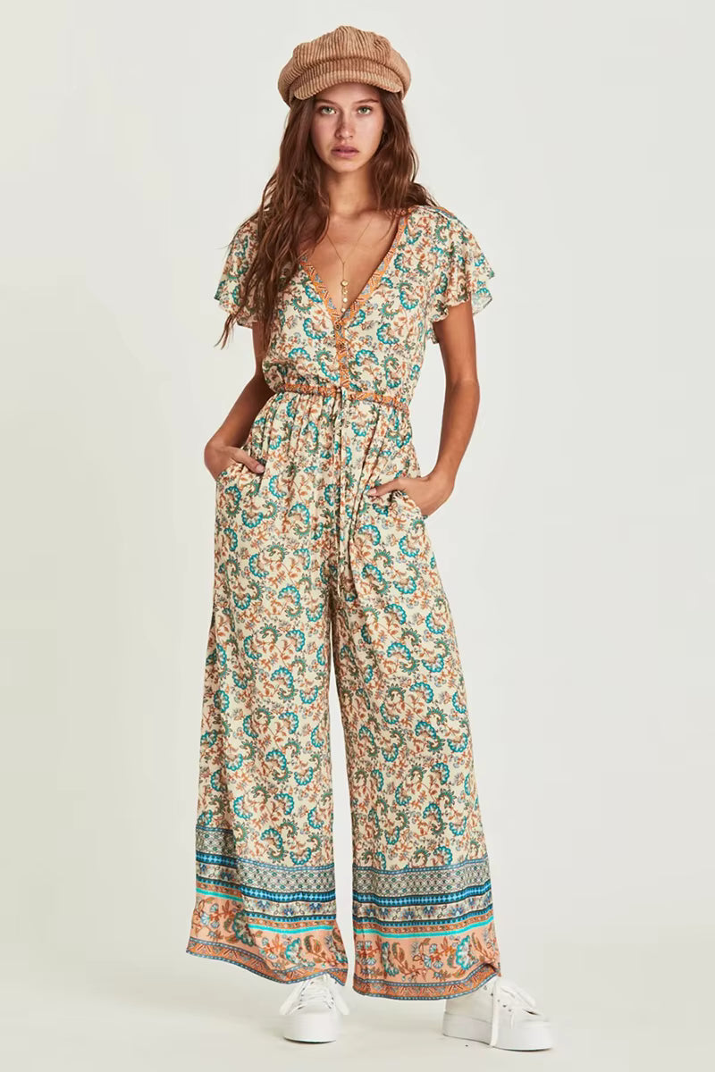 Casual Cotton Deep V-Neck Ankle-length Wide Legs Pants Long Jumpsuit