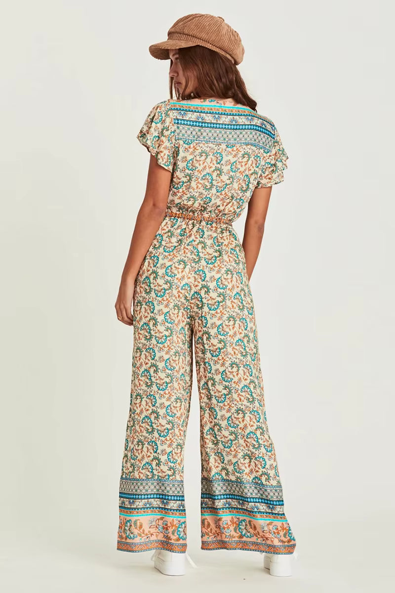 Casual Cotton Deep V-Neck Ankle-length Wide Legs Pants Long Jumpsuit