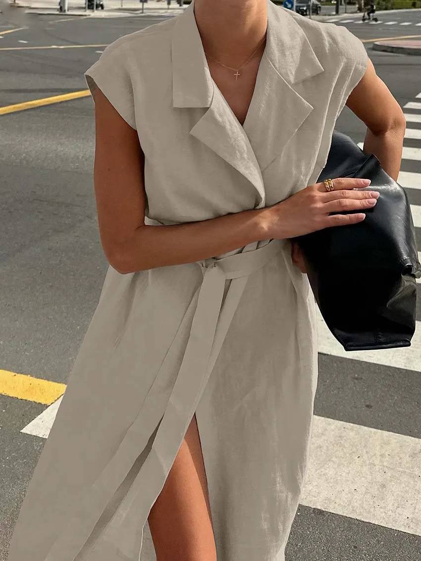 Casual Cotton Lapel Sleeveless Lace-Up Straight Ankle-Length Dress