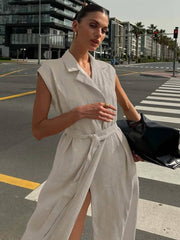 Casual Cotton Lapel Sleeveless Lace-Up Straight Ankle-Length Dress