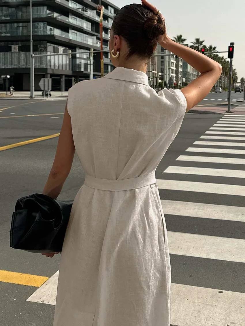 Casual Cotton Lapel Sleeveless Lace-Up Straight Ankle-Length Dress