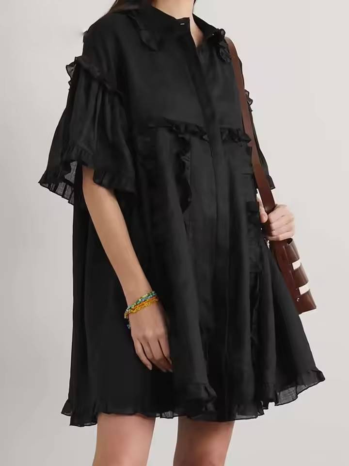 Casual Cotton Ruffled Short Sleeve Loose Mini Dress
