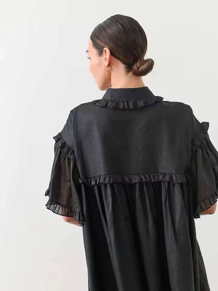 Casual Cotton Ruffled Short Sleeve Loose Mini Dress