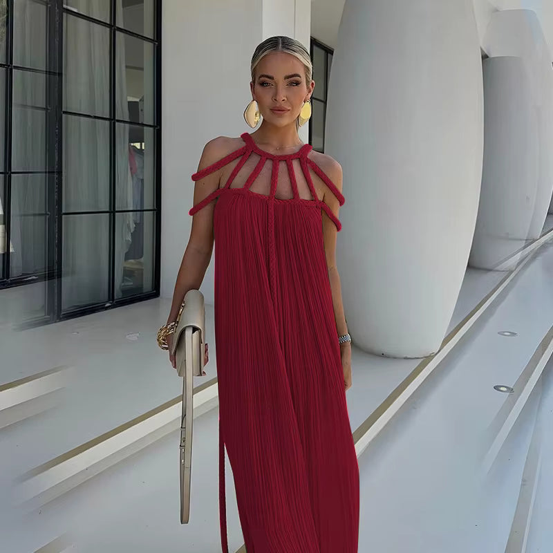 Casual Cotton Slash Neck Knitted Backless Beach Boho Strapless Maxi Dress