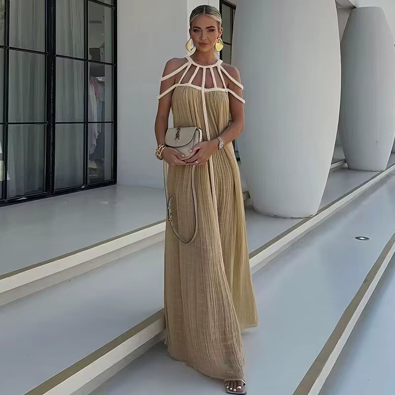 Casual Cotton Slash Neck Knitted Backless Beach Boho Strapless Maxi Dress