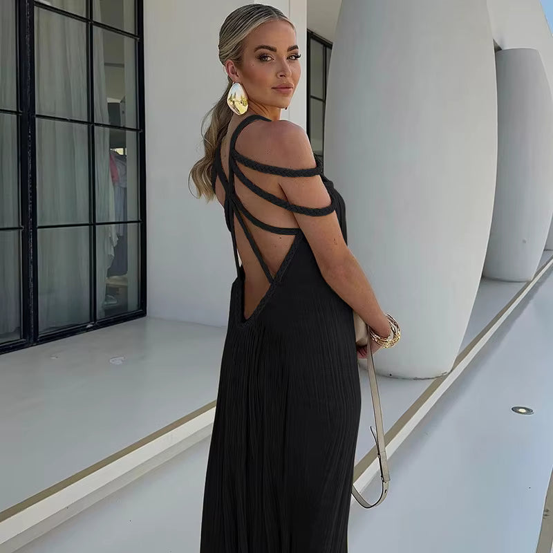 Casual Cotton Slash Neck Knitted Backless Beach Boho Strapless Maxi Dress
