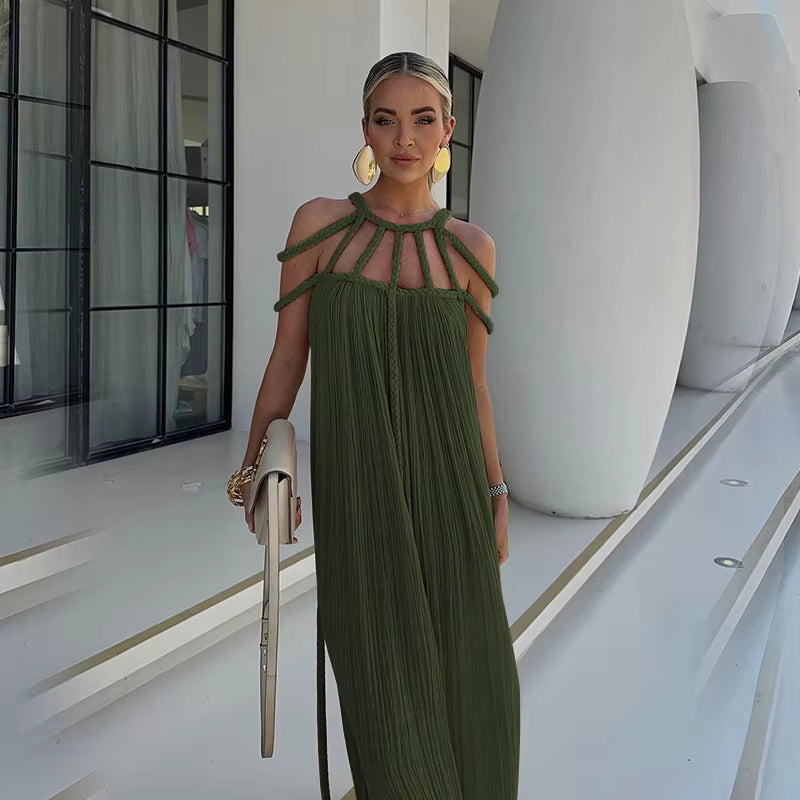 Casual Cotton Slash Neck Knitted Backless Beach Boho Strapless Maxi Dress