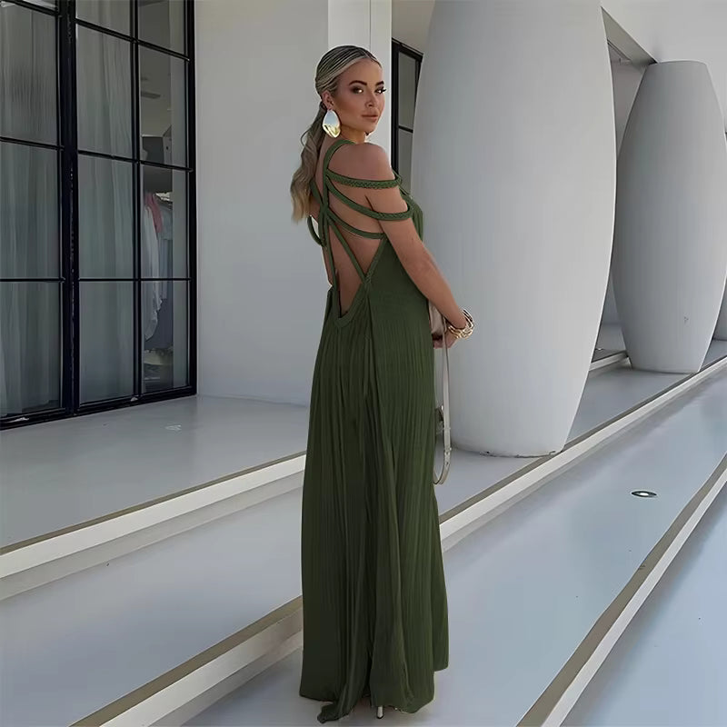 Casual Cotton Slash Neck Knitted Backless Beach Boho Strapless Maxi Dress