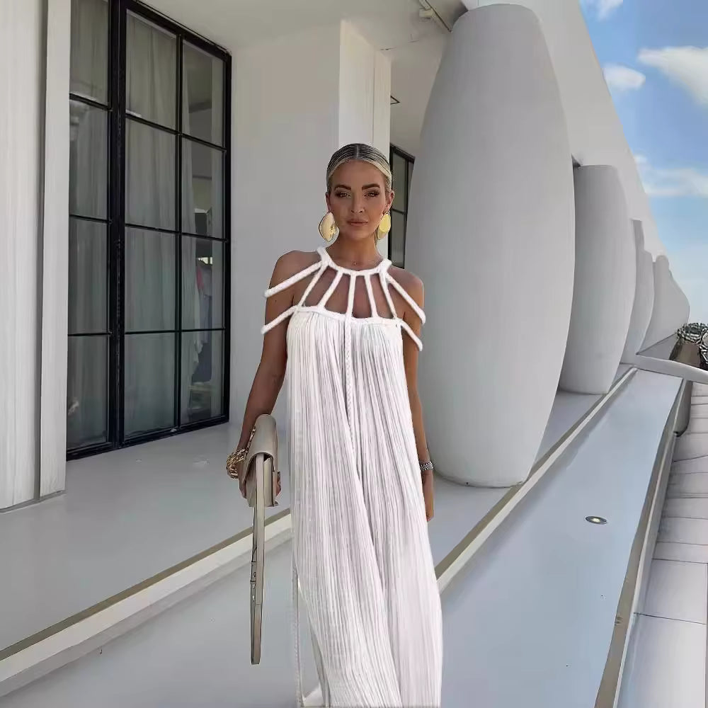 Casual Cotton Slash Neck Knitted Backless Beach Boho Strapless Maxi Dress