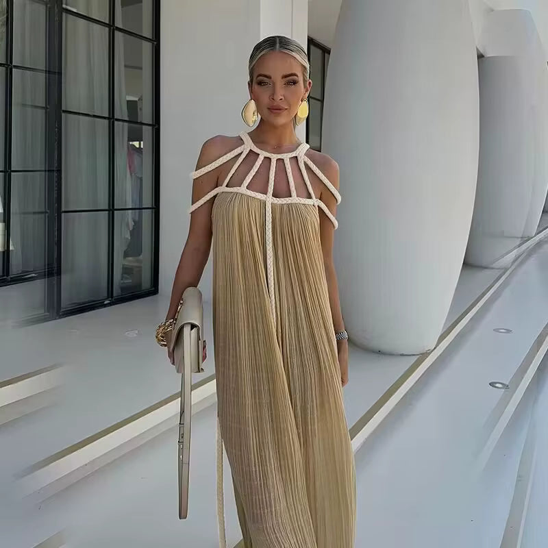 Casual Cotton Slash Neck Knitted Backless Beach Boho Strapless Maxi Dress