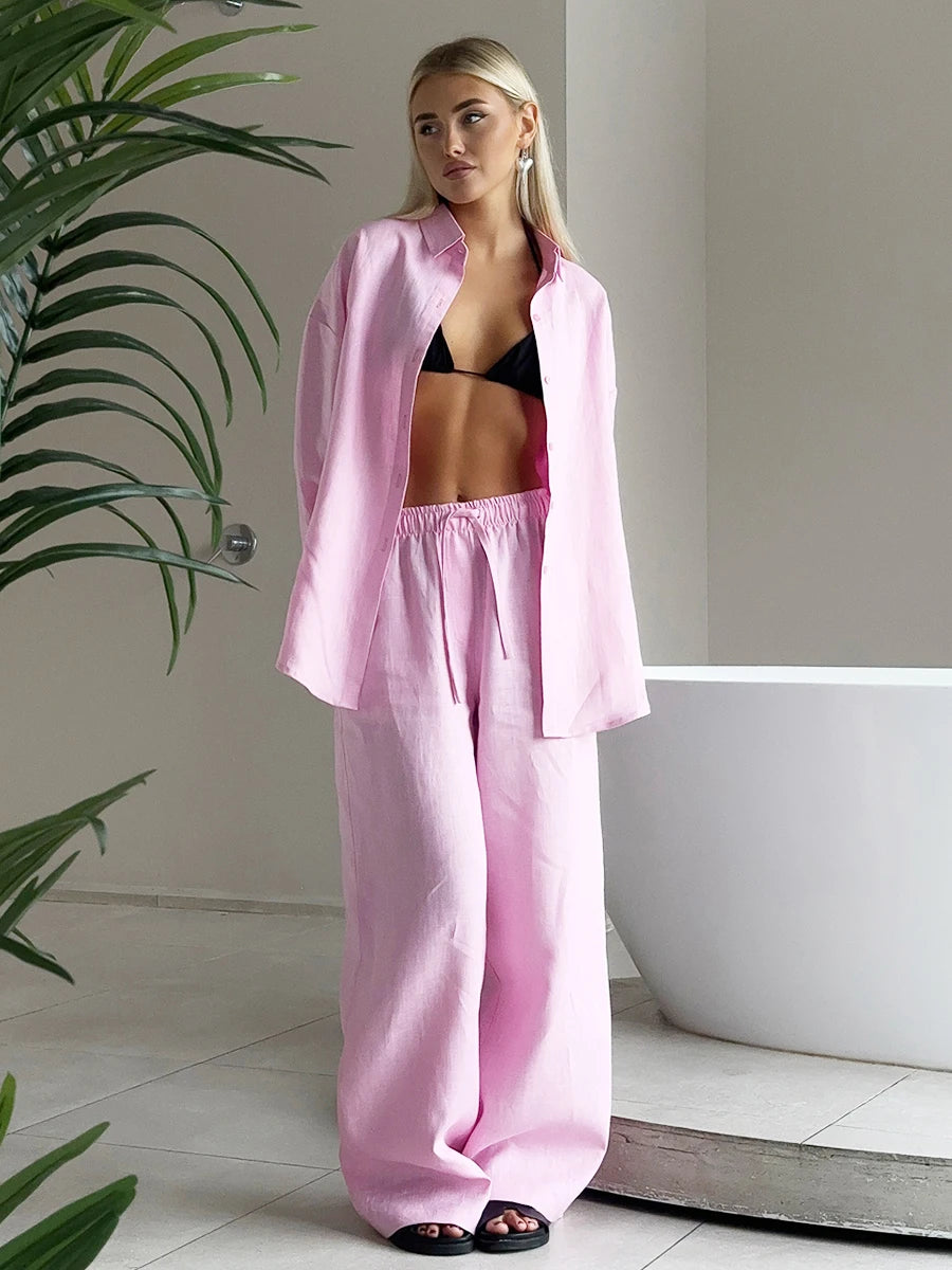 Casual Cotton Solid Color Cozy Lapel Long Sleeve Shirt Elastic Waist Pants Suits