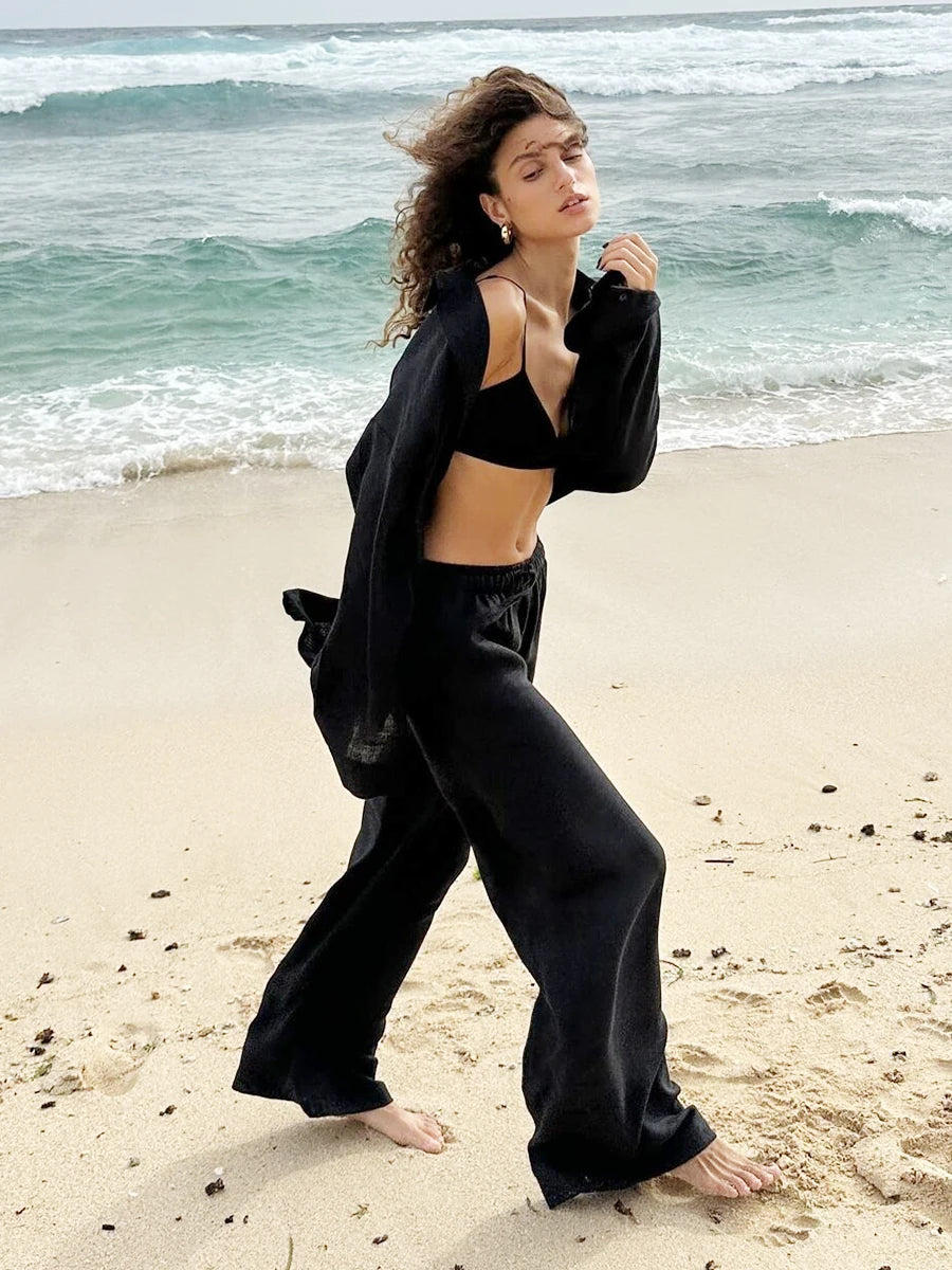 Casual Cotton Solid Color Cozy Lapel Long Sleeve Shirt Elastic Waist Pants Suits