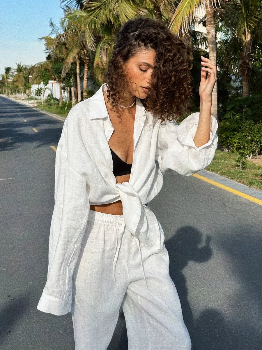 Casual Cotton Solid Color Cozy Lapel Long Sleeve Shirt Elastic Waist Pants Suits