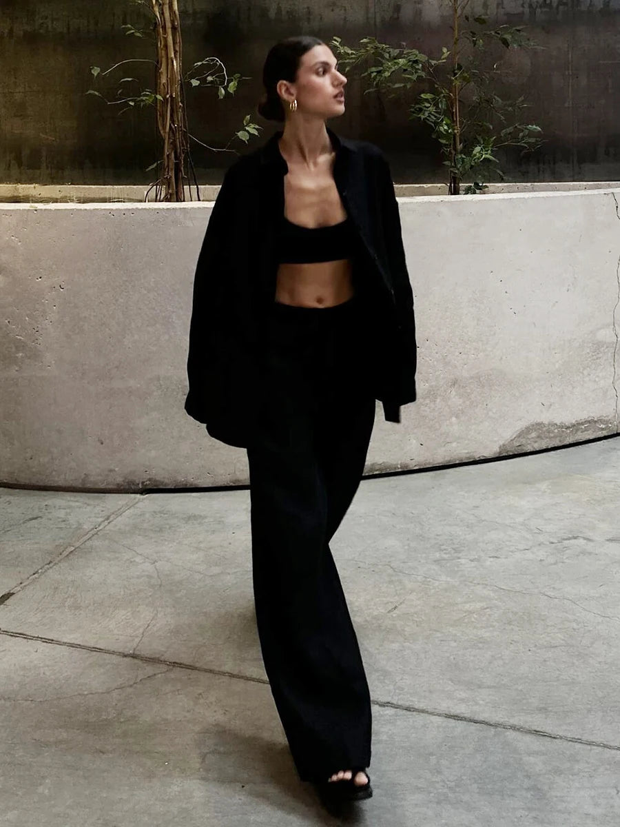 Casual Cotton Solid Color Cozy Lapel Long Sleeve Shirt Elastic Waist Pants Suits
