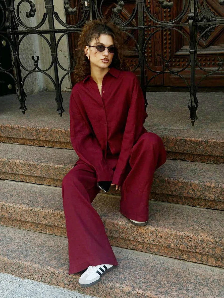 Casual Cotton Solid Color Cozy Lapel Long Sleeve Shirt Elastic Waist Pants Suits