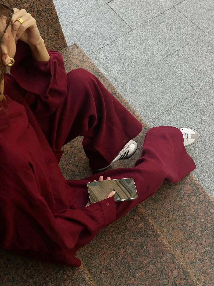 Casual Cotton Solid Color Cozy Lapel Long Sleeve Shirt Elastic Waist Pants Suits