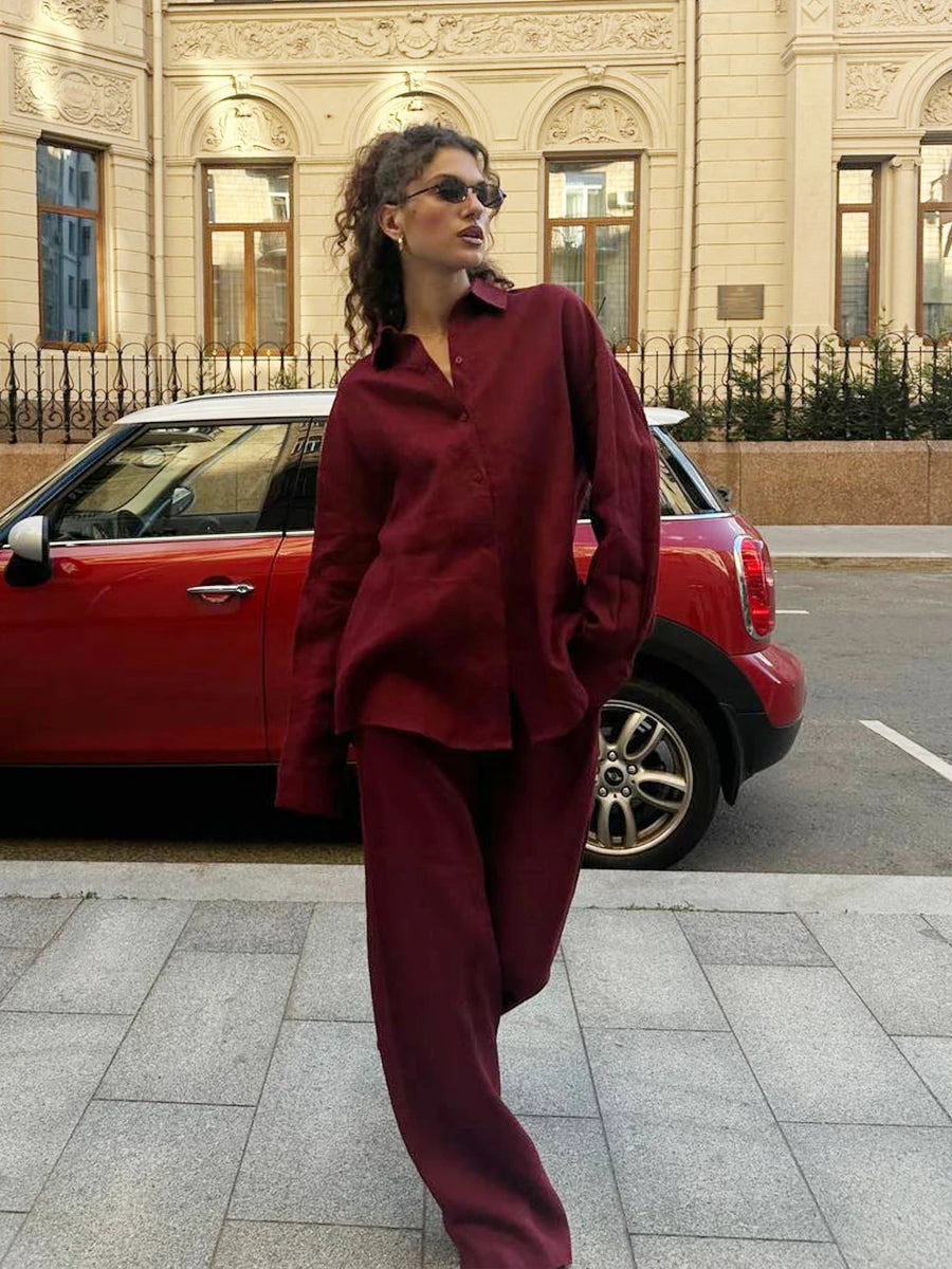 Casual Cotton Solid Color Cozy Lapel Long Sleeve Shirt Elastic Waist Pants Suits