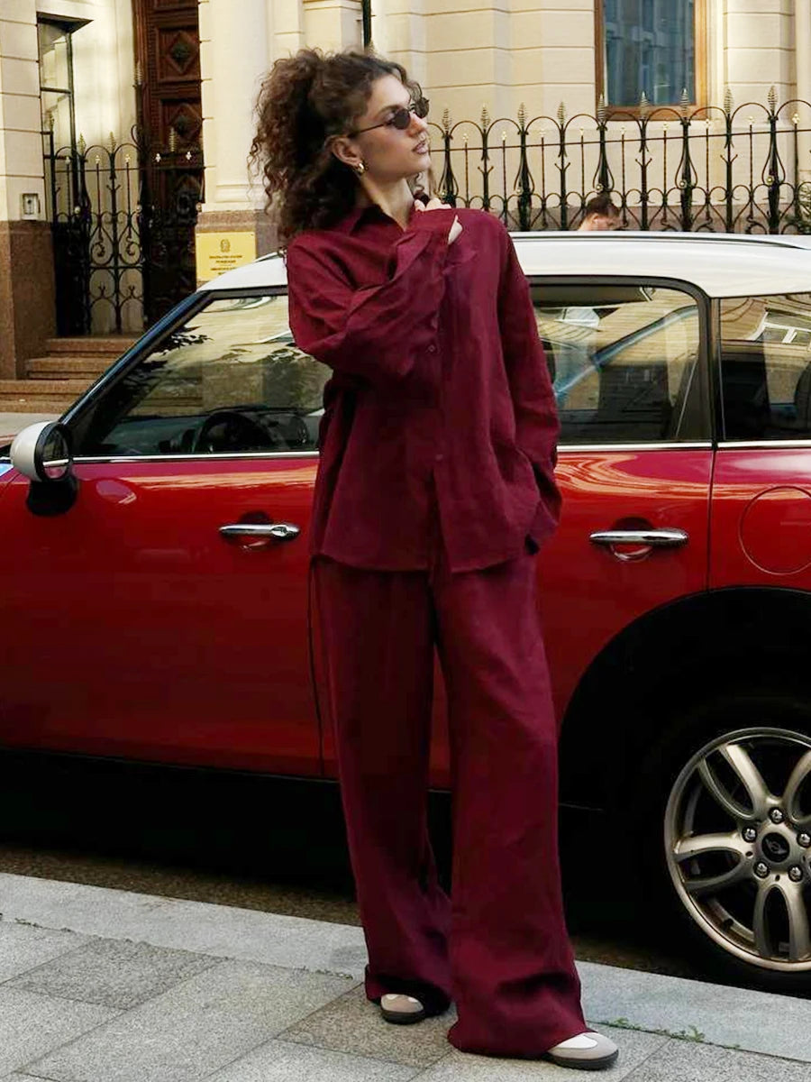 Casual Cotton Solid Color Cozy Lapel Long Sleeve Shirt Elastic Waist Pants Suits